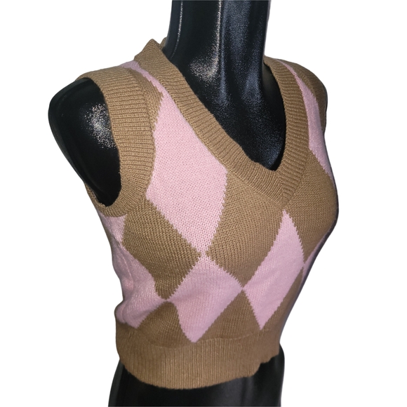 Retrod Pink and Brown Argyle V-neck Sweater Vest XS - Picture 2 of 5